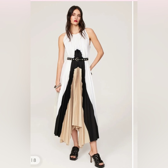 Bibhu Mohapatra Chic Black and White Maxi pleated Dress with Tan Accents size 16 - Picture 1 of 17